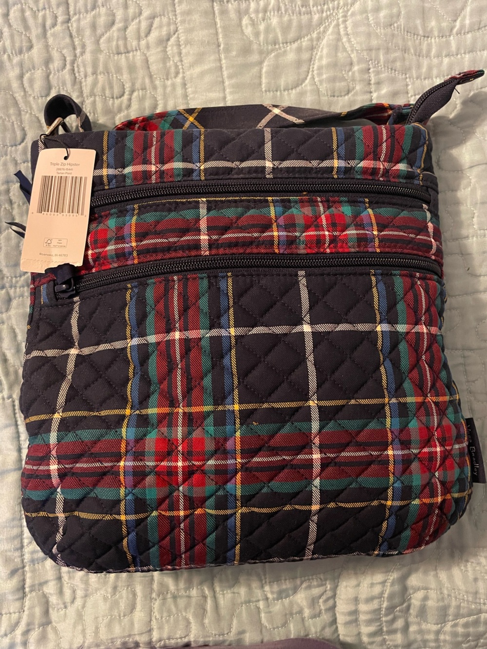 Vera Bradley Tartan Plaid Triple Zip Hipster Crossbody in Navy, Red & Green